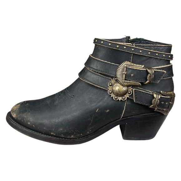 Corral Black Leather Distressed Buckle Studded Ankle Boot Size US 8.5 - Picture 3 of 12